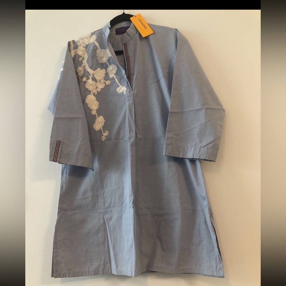 Blue Tunic with White Floral Embroidery
